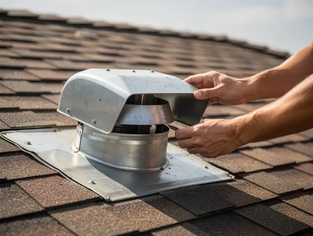 Colorado Springs Dryer Vent Cleaning certified technician safely cleaning a roof-mounted dryer vent in Colorado Springs